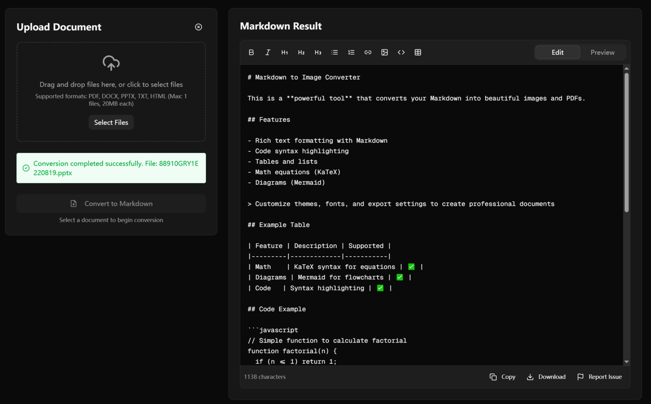 Doc2Markdown conversion interface showing document upload and markdown output